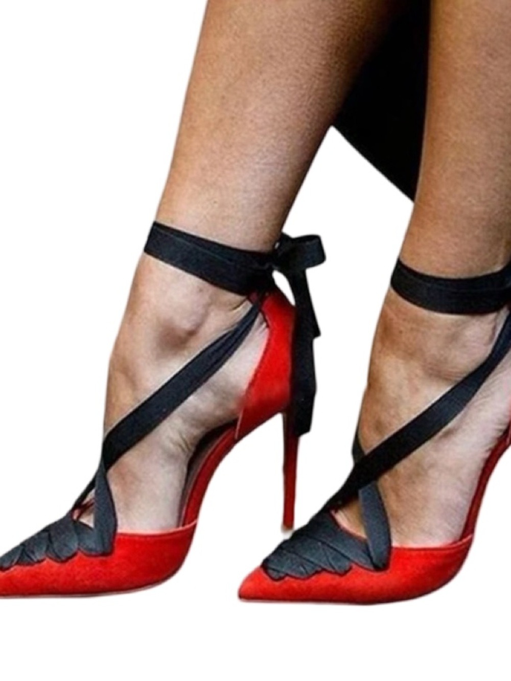 F5J Red Pointed-Toe Stiletto lace-up Heels with Black Ankle Ties size 9.5 - Picture 3 of 17